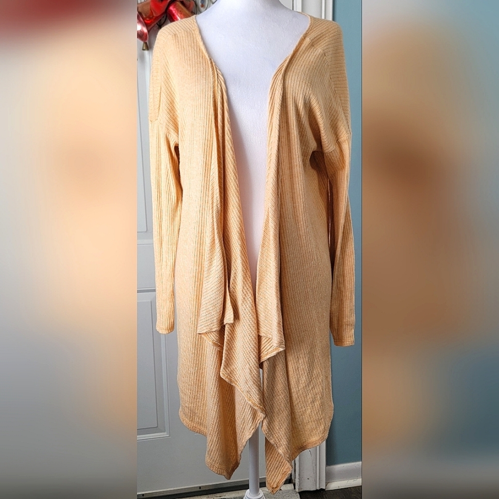 See You Monday LA Open Front Waterfall Cardigan Women's L Pale Yellow Ribbed